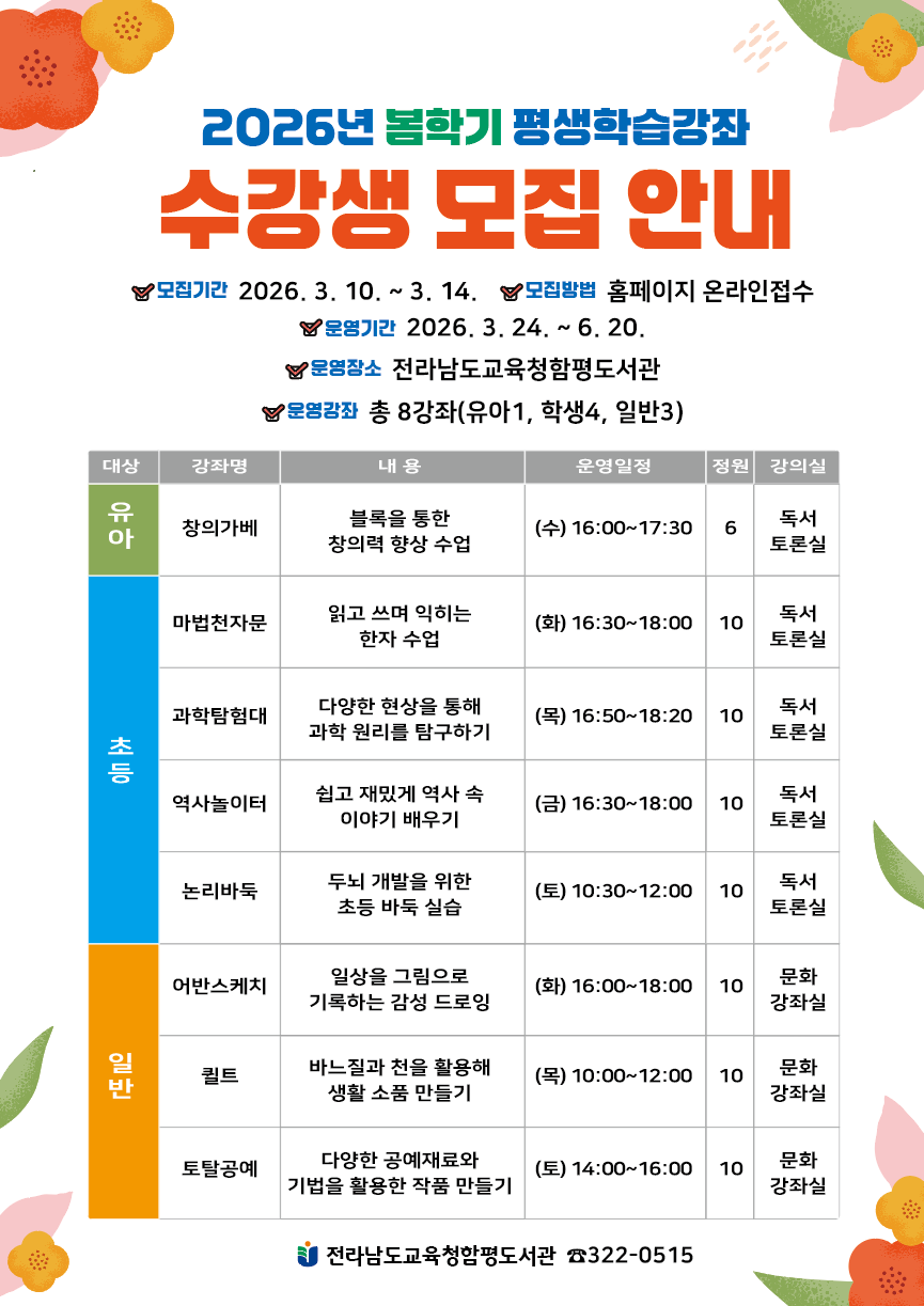 함평도서관, 봄학기 평생학습강좌 수강생 모집…창의력부터 취미까지 - 교육 | 코리아NEWS